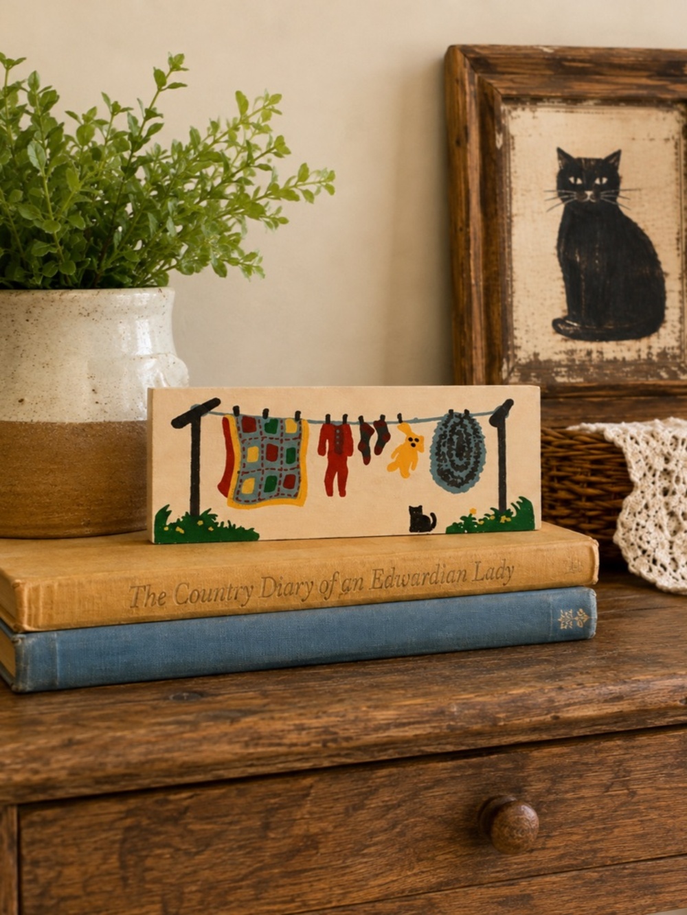 Vintage Cat’s Meow Clothesline Laundry Day Wooden Collectible Black Cat Folk Art